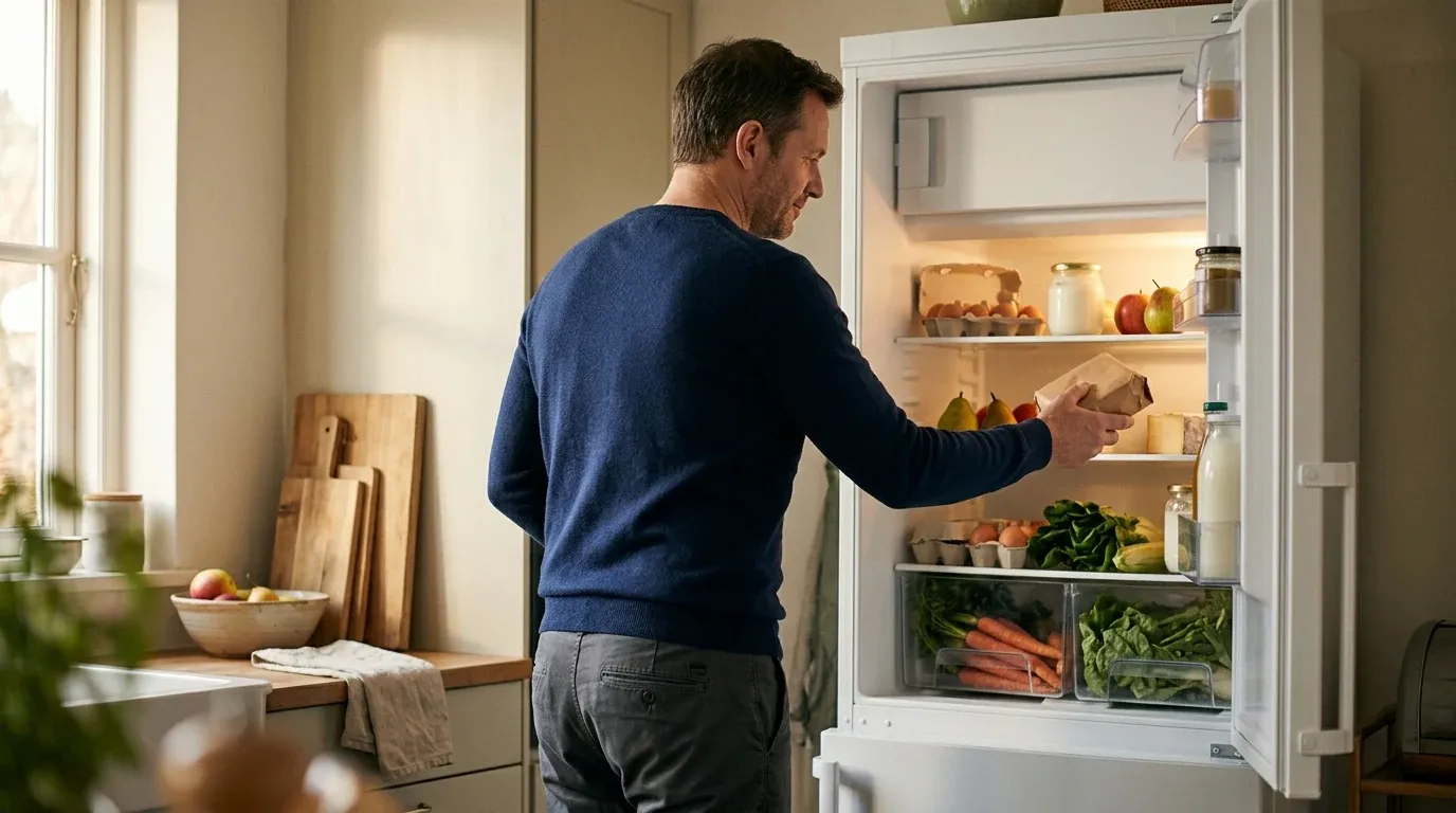 Un homme ouvre son frigo et prend ce qu'il vient chercher, sans hésiter