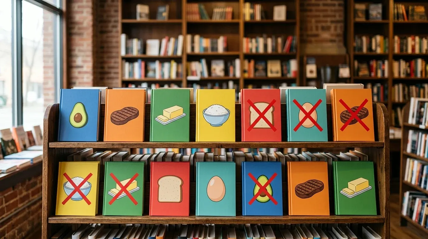 Un présentoir de librairie garni de livres de régime, chaque couverture montrant un aliment différent, plusieurs barrés de rouge