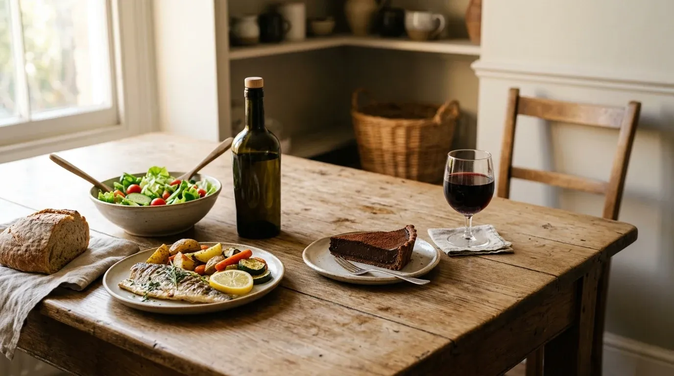 Une table de repas en bois : une salade, un poisson grillé avec ses légumes, du pain, et une part de tarte au chocolat avec un verre de vin